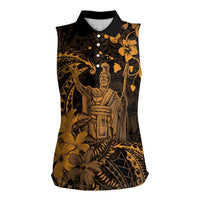 Hawaii King Kamehameha Day Women Sleeveless Polo Shirt Polynesian Pattern Mix Hibiscus Gold