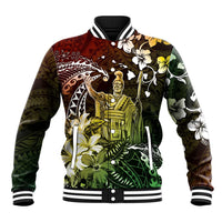 Hawaii King Kamehameha Day Baseball Jacket Polynesian Pattern Mix Hibiscus Reggae
