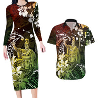 Hawaii King Kamehameha Day Couples Matching Long Sleeve Bodycon Dress and Hawaiian Shirt Polynesian Pattern Mix Hibiscus Reggae
