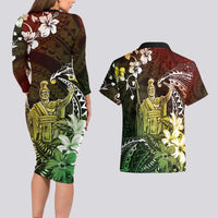 Hawaii King Kamehameha Day Couples Matching Long Sleeve Bodycon Dress and Hawaiian Shirt Polynesian Pattern Mix Hibiscus Reggae