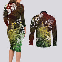 Hawaii King Kamehameha Day Couples Matching Long Sleeve Bodycon Dress and Long Sleeve Button Shirt Polynesian Pattern Mix Hibiscus Reggae