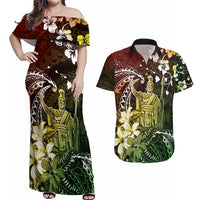 Hawaii King Kamehameha Day Couples Matching Off Shoulder Maxi Dress and Hawaiian Shirt Polynesian Pattern Mix Hibiscus Reggae