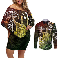Hawaii King Kamehameha Day Couples Matching Off Shoulder Short Dress and Long Sleeve Button Shirt Polynesian Pattern Mix Hibiscus Reggae