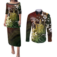 Hawaii King Kamehameha Day Couples Matching Puletasi and Long Sleeve Button Shirt Polynesian Pattern Mix Hibiscus Reggae