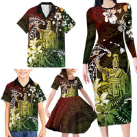 Hawaii King Kamehameha Day Family Matching Long Sleeve Bodycon Dress and Hawaiian Shirt Polynesian Pattern Mix Hibiscus Reggae