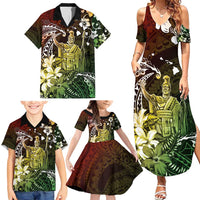 Hawaii King Kamehameha Day Family Matching Summer Maxi Dress and Hawaiian Shirt Polynesian Pattern Mix Hibiscus Reggae