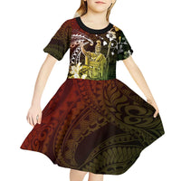 Hawaii King Kamehameha Day Kid Short Sleeve Dress Polynesian Pattern Mix Hibiscus Reggae