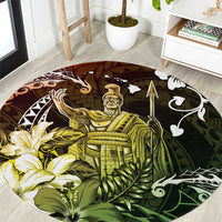 Hawaii King Kamehameha Day Round Carpet Polynesian Pattern Mix Hibiscus Reggae