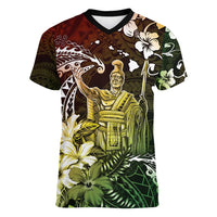 Hawaii King Kamehameha Day Women V-Neck T-Shirt Polynesian Pattern Mix Hibiscus Reggae