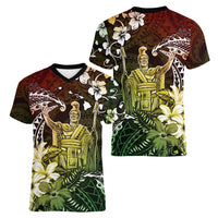 Hawaii King Kamehameha Day Women V-Neck T-Shirt Polynesian Pattern Mix Hibiscus Reggae