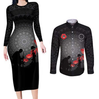 Cook Islands ANZAC Day Couples Matching Long Sleeve Bodycon Dress and Long Sleeve Button Shirt Soldier Silhouette Remembrance