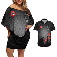 Cook Islands ANZAC Day Couples Matching Off Shoulder Short Dress and Hawaiian Shirt Soldier Silhouette Remembrance