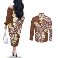 Plumeria With Brown Polynesian Tattoo Pattern Couples Matching Off The Shoulder Long Sleeve Dress and Long Sleeve Button Shirt