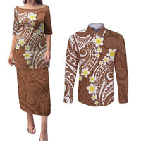Plumeria With Brown Polynesian Tattoo Pattern Couples Matching Puletasi and Long Sleeve Button Shirt