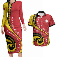 Papua New Guinea Independence Couples Matching Long Sleeve Bodycon Dress and Hawaiian Shirt Special Style Red Version LT05 Red - Polynesian Pride