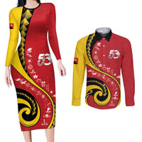 Papua New Guinea 50th Independence Anniversary Couples Matching Long Sleeve Bodycon Dress and Long Sleeve Button Shirt Special Style Red Version - Polynesian Pride