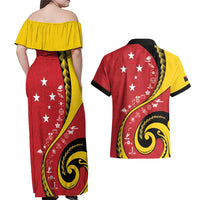 Papua New Guinea 50th Independence Anniversary Couples Matching Off Shoulder Maxi Dress and Hawaiian Shirt Special Style Red Version - Polynesian Pride