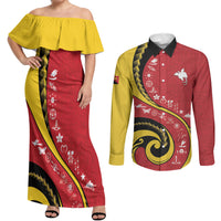 Papua New Guinea Independence Couples Matching Off Shoulder Maxi Dress and Long Sleeve Button Shirt Special Style Red Version LT05 Red - Polynesian Pride