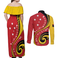 Papua New Guinea 50th Independence Anniversary Couples Matching Off Shoulder Maxi Dress and Long Sleeve Button Shirt Special Style Red Version - Polynesian Pride