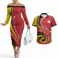 Papua New Guinea Independence Couples Matching Off The Shoulder Long Sleeve Dress and Hawaiian Shirt Special Style Red Version LT05 Red - Polynesian Pride