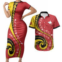 Papua New Guinea Independence Couples Matching Short Sleeve Bodycon Dress and Hawaiian Shirt Special Style Red Version LT05 Red - Polynesian Pride