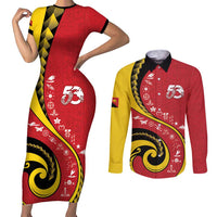Papua New Guinea 50th Independence Anniversary Couples Matching Short Sleeve Bodycon Dress and Long Sleeve Button Shirt Special Style Red Version - Polynesian Pride