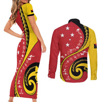 Papua New Guinea 50th Independence Anniversary Couples Matching Short Sleeve Bodycon Dress and Long Sleeve Button Shirt Special Style Red Version - Polynesian Pride