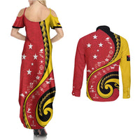 Papua New Guinea 50th Independence Anniversary Couples Matching Summer Maxi Dress and Long Sleeve Button Shirt Special Style Red Version - Polynesian Pride