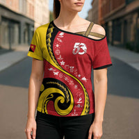 Papua New Guinea 50th Independence Anniversary Cross Shoulder Shirt Special Style Red Version - Polynesian Pride