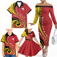 Papua New Guinea Independence Family Matching Off The Shoulder Long Sleeve Dress and Hawaiian Shirt Special Style Red Version LT05 - Polynesian Pride
