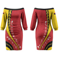 Papua New Guinea Independence Family Matching Off The Shoulder Long Sleeve Dress and Hawaiian Shirt Special Style Red Version LT05 Mom's Dress Red - Polynesian Pride