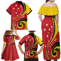 Papua New Guinea 50th Independence Anniversary Family Matching Off Shoulder Maxi Dress and Hawaiian Shirt Special Style Red Version - Polynesian Pride