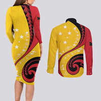 Papua New Guinea 50th Independence Anniversary Couples Matching Long Sleeve Bodycon Dress and Long Sleeve Button Shirt Special Style Yellow Version - Polynesian Pride
