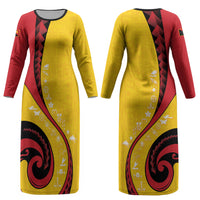 Papua New Guinea Independence Couples Matching Long Sleeve Bodycon Dress and Long Sleeve Button Shirt Special Style Yellow Version LT05 - Polynesian Pride
