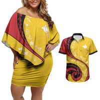 Papua New Guinea Independence Couples Matching Off Shoulder Short Dress and Hawaiian Shirt Special Style Yellow Version LT05 Yellow - Polynesian Pride