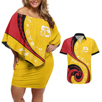 Papua New Guinea 50th Independence Anniversary Couples Matching Off Shoulder Short Dress and Hawaiian Shirt Special Style Yellow Version - Polynesian Pride