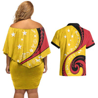 Papua New Guinea 50th Independence Anniversary Couples Matching Off Shoulder Short Dress and Hawaiian Shirt Special Style Yellow Version - Polynesian Pride