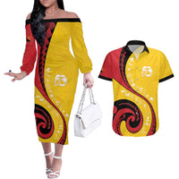 Papua New Guinea Independence Couples Matching Off The Shoulder Long Sleeve Dress and Hawaiian Shirt Special Style Yellow Version LT05 Yellow - Polynesian Pride