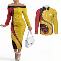 Papua New Guinea Independence Couples Matching Off The Shoulder Long Sleeve Dress and Long Sleeve Button Shirt Special Style Yellow Version LT05 Yellow - Polynesian Pride