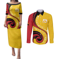 Papua New Guinea 50th Independence Anniversary Couples Matching Puletasi and Long Sleeve Button Shirt Special Style Yellow Version - Polynesian Pride