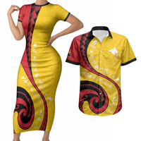 Papua New Guinea Independence Couples Matching Short Sleeve Bodycon Dress and Hawaiian Shirt Special Style Yellow Version LT05 Yellow - Polynesian Pride