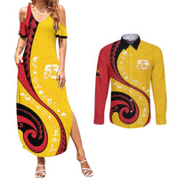 Papua New Guinea 50th Independence Anniversary Couples Matching Summer Maxi Dress and Long Sleeve Button Shirt Special Style Yellow Version - Polynesian Pride