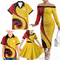 Papua New Guinea Independence Family Matching Off The Shoulder Long Sleeve Dress and Hawaiian Shirt Special Style Yellow Version LT05 - Polynesian Pride