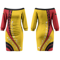 Papua New Guinea Independence Family Matching Off The Shoulder Long Sleeve Dress and Hawaiian Shirt Special Style Yellow Version LT05 Mom's Dress Yellow - Polynesian Pride