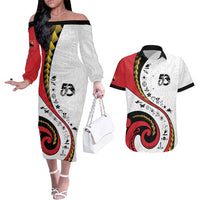 Papua New Guinea Independence Couples Matching Off The Shoulder Long Sleeve Dress and Hawaiian Shirt Special Style White Version LT05 White - Polynesian Pride