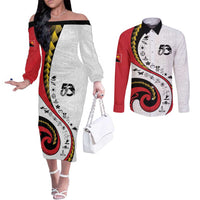 Papua New Guinea 50th Independence Anniversary Couples Matching Off The Shoulder Long Sleeve Dress and Long Sleeve Button Shirt Special Style White Version - Polynesian Pride