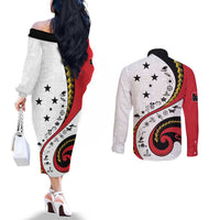 Papua New Guinea 50th Independence Anniversary Couples Matching Off The Shoulder Long Sleeve Dress and Long Sleeve Button Shirt Special Style White Version - Polynesian Pride