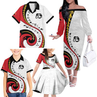 Papua New Guinea Independence Family Matching Off The Shoulder Long Sleeve Dress and Hawaiian Shirt Special Style White Version LT05 - Polynesian Pride