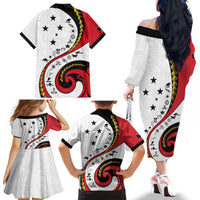 Papua New Guinea Independence Family Matching Off The Shoulder Long Sleeve Dress and Hawaiian Shirt Special Style White Version LT05 Mom's Dress White - Polynesian Pride