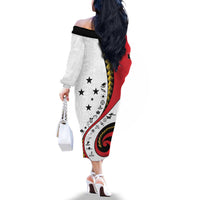 Papua New Guinea 50th Independence Anniversary Family Matching Off The Shoulder Long Sleeve Dress and Hawaiian Shirt Special Style White Version - Polynesian Pride